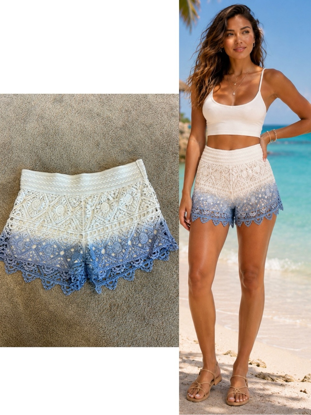 Breeze Ever Periwinkle Blue White Ombré Crochet Lace Beach Shorts 100% Cotton L